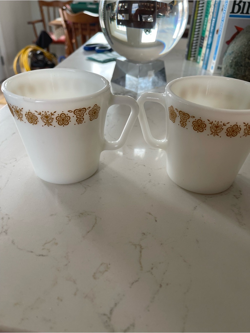 Two Pyrex butterfly gold White Milk Glass Mugs with Gold Floral Band - Set of 2